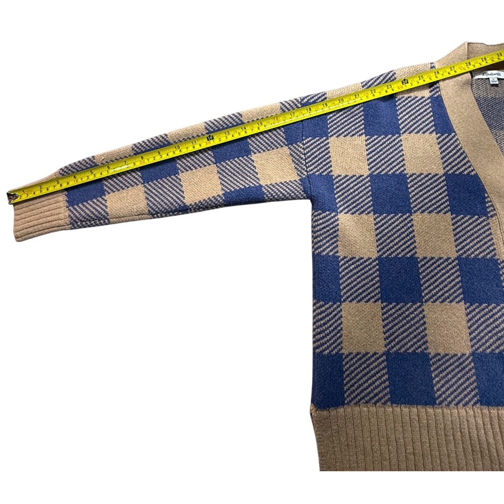 Madewell Women Blue Tan Buffalo Check Plaid V-Neck Button Cardigan Sweater Small - Picture 5 of 6